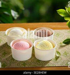 Saveurs de crème glacée assorties dans des gobelets en papier blanc, y compris la vanille au chocolat et la fraise sur fond vert Banque D'Images