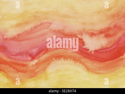 Aquarelle fond de vagues rouge, orange et jaune. Toile de fond artistique des vagues de chaleur estivales. Fond abstrait aquarelle peint à la main Banque D'Images