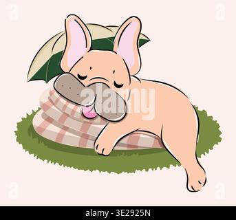 Chien de dessin animé mignon dormant paisiblement sur un coussin mou sous un parapluie, créant une scène extérieure relaxante calme et confortable. Illustration de Vecteur
