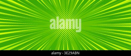 Fond comique vert avec texture demi-teinte pop art et motif starburst. Style de dessin animé rétro avec rayons radiaux, effet pointillé et motif Sunburst. Toile de fond abstraite vibrante pour les affiches de super-héros. Illustration de Vecteur