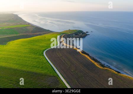 Vue aérienne des champs verdoyants rencontrant la côte accidentée et la mer bleue sans fin, Punta Aderci, Vasto, Abruzzes, Italie. Banque D'Images