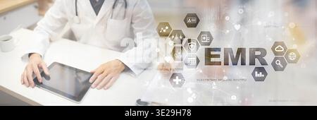 EMR dossiers médicaux électroniques et gestion des données médicales illustrés sur un écran virtuel. Banque D'Images