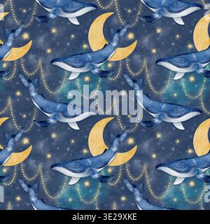 Modèle sans couture avec des baleines bleues en croissant de lunes dorées étoiles et guirlandes dans une composition de nuit de rêve. Illustration de dessin d'aquarelle dessinée à la main, idéale pour l'emballage de papier peint textile de pépinière de bébé. Banque D'Images