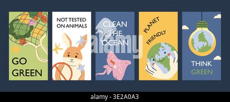 Ensemble de posters écologiques avec slogans. Passez au vert, non testé sur les animaux, respectueux de la planète, pensez vert et nettoyez l'océan. Cartes respectueuses de l'environnement et respectueuses de l'environnement dans un style doodle minimaliste. Illustration de Vecteur