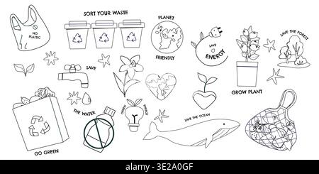 Jeu d'autocollants éco doodle. Esquisser des icônes écologiques avec slogan peut être utilisé pour l'éducation à l'environnement pour les enfants. Page couleur avec des éléments ECO. Illustration de Vecteur
