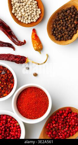 Épices et piments disposés sur une surface blanche dans divers bols dans un cadre de cuisine Banque D'Images