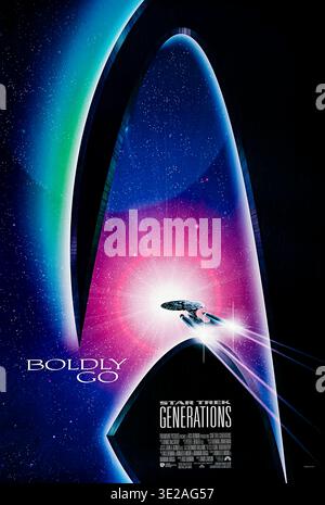 Star Trek Generations (1994) réalisé par David Carson et mettant en vedette Patrick Stewart, William Shatner et Jonathan Frakes. Le capitaine Kirk rejoint Picard pour empêcher Soran d'utiliser le Nexus pour retourner au paradis, détruisant une étoile en chemin. Leur alliance relie les générations pour sauver Veridian III photographie d'une affiche américaine originale de 1994 À USAGE ÉDITORIAL EXCLUSIF. Crédit : BFA / Paramount Pictures Banque D'Images