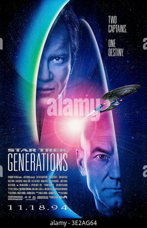 Star Trek Generations (1994) réalisé par David Carson et mettant en vedette Patrick Stewart, William Shatner et Jonathan Frakes. Le capitaine Kirk rejoint Picard pour empêcher Soran d'utiliser le Nexus pour retourner au paradis, détruisant une étoile en chemin. Leur alliance relie les générations pour sauver Veridian III photographie d'une affiche américaine originale de 1994 À USAGE ÉDITORIAL EXCLUSIF. Crédit : BFA / Paramount Pictures Banque D'Images