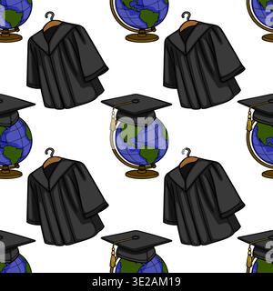 Modèle vectoriel sans couture de robes de graduation et globes avec des chapeaux académiques Illustration de Vecteur
