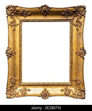Vieux cadre d'image en bois or rococo vertical large isolé sur fond blanc avec toile découpée Banque D'Images