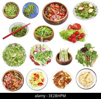 Ensemble de diverses salades de légumes isolées sur fond blanc Banque D'Images