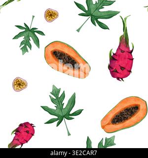 Motif aquarelle sans couture de fruits tropicaux avec des fruits entiers, des tranches et des feuilles. Illustration de nourriture botanique, modèle tropical sans couture pour le textile. Banque D'Images