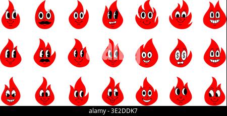 Personnages de dessins animés en forme de feu rouge avec des visages expressifs et des émotions comiques. Illustrations de mascotte de flamme mignonne Illustration de Vecteur