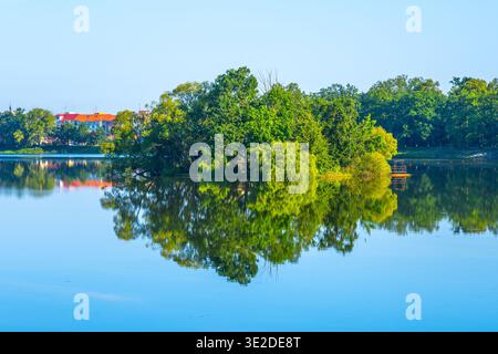 Svet Pond dans Trebon montre de l'eau claire reflétant les arbres verts et le ciel bleu. Les gens visitent la région pour la détente et les activités de plein air. Cette scène capture la nature en été. Banque D'Images