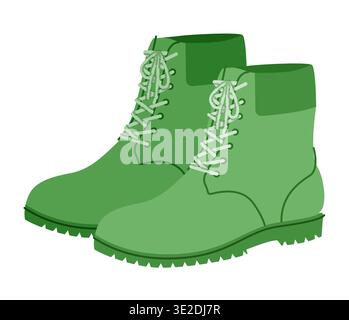 Vert Chunky dentelle bottine femme plat paire variante. Col rembourré avec crampons excursion saison nature. Illustration de mode technique CAD maquette raffinée vecteur hommes unisexe style moderne isolé Illustration de Vecteur