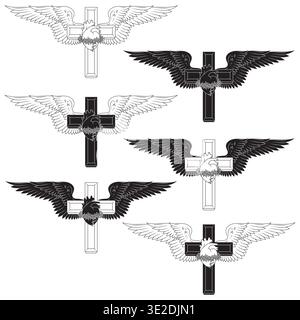 Illustration minimaliste en noir et blanc centrée sur les lignes et les contours. Croix ailée avec le Sacré-cœur capturé dans des traits noirs nets, parfait fo Illustration de Vecteur