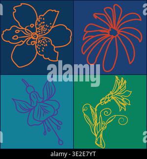 Ensemble de collection moderne de fleurs de Patagonie dessinées à la main - Art vectoriel manuel de Notro, Amancay, Chilco et flore autochtone sur blocs de couleurs. Art botanique Illustration de Vecteur
