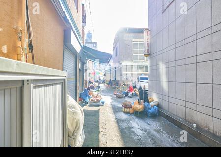 Les vendeurs se rassemblent dans une ruelle ensoleillée au marché. La chaleur de la lumière du soleil et des ombres de l'hiver soulignent une routine matinale paisible. Banque D'Images