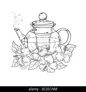 Thé hibiscus dans une théière illustration du contour. Illustration de Vecteur