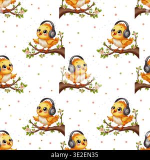 Un motif continu avec de mignons oiseaux chantants dans un style aquarelle, adapté au tissu, au papier d'emballage, à la décoration de chambre d'enfants, à la papeterie Banque D'Images