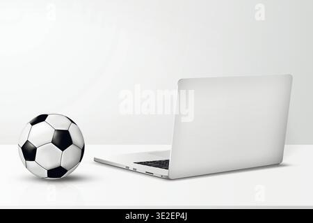 Ordinateur portable avec vue latérale arrière de l'ordinateur portable et ballon de football sur la table maquette réaliste. Illustration vectorielle. Illustration de Vecteur