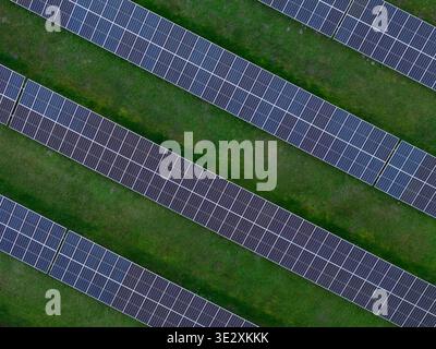Vue détaillée des panneaux solaires disposés en rangées sur un champ vert montrant la configuration des énergies renouvelables et la technologie propre. Banque D'Images