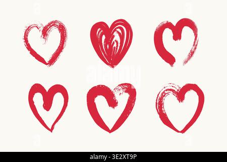 Jeu de coeurs grunge rouges. Pinceau coup de cœur symbole d'amour. Ensemble de coeurs charbon. Icônes de doodle de marqueur cardiaque Illustration de Vecteur