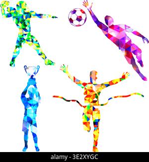 Définissez silhouettes joueur de football avec Trophée, gagnant, joueur de football américain et gardien de but dans le motif mosaïque et fans sur fond grunge. Illustration de Vecteur