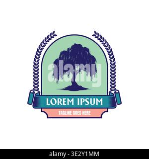Emblème d'étiquette de badge de saule pleureur rustique avec silhouette d'arbre de plante naturelle Illustration de Vecteur