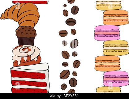Café sucreries sans couture verticale de café set illustration dessinée à la main. Encre de ligne colorée graphique vectorielle Pour affiche, invitation, toile de fond, annonce, sa Illustration de Vecteur