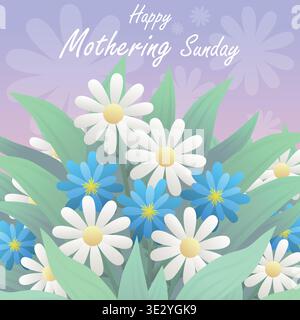 Bouquet blanc Marguerite et bleuet pour Mothering Sunday, illustration vectorielle botanique sur dégradé de lavande, carré Illustration de Vecteur