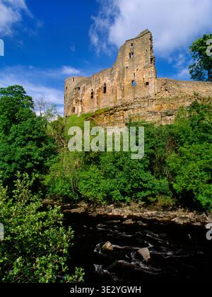 Vue E du mur-rideau et de la tour ronde (l) du quartier intérieur du château de Barnard au-dessus de la rivière Tees, comté de Durham, Angleterre, Royaume-Uni. Banque D'Images