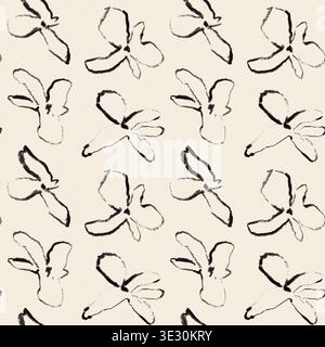 Motif floral sans couture avec dessin au trait noir, fleurs dessinées à la main, texture botanique moderne minimale Banque D'Images