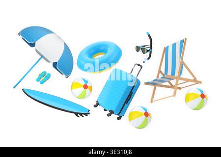 Ensemble de valises, parasol rayé, chaise de plage et balles de plage isolé sur fond blanc. Concept de plaisir de vacances d'été Banque D'Images