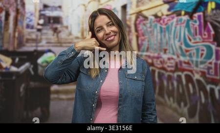Femme faisant un geste d'appel avec le pouce et rose à l'oreille, souriant dans la veste en denim et chemise rose dans l'allée de la rue graffiti avec poubelles ; ludique. Banque D'Images