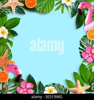Composition tropicale estivale avec espace de copie pour un texte, rose flamant rose, orange, coquillages avec feuilles de monstera et fleurs. Banque D'Images