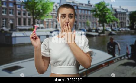 Femme aux cheveux courts tient un rasoir rose dans sa main droite tout en touchant la poitrine avec la main gauche sur une rue du canal par des bateaux et des bâtiments en briques ; hesitat Banque D'Images
