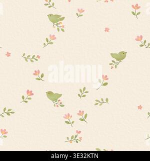 Motif sans couture aquarelle avec de petits oiseaux verts et des éléments floraux sur fond crème chaud Banque D'Images