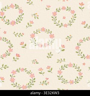 Motif aquarelle sans couture avec couronnes florales et petits éléments botaniques sur fond crème chaud Banque D'Images