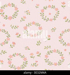 Motif sans couture aquarelle avec couronnes florales roses et feuilles sur fond texturé rose doux Banque D'Images