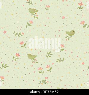 Aquarelle modèle sans couture avec des oiseaux verts, de petites fleurs et des feuilles sur fond texturé vert doux Banque D'Images