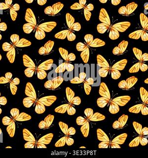 Motif sans couture avec des papillons jaunes délicats sur un fond blanc. Ce design léger et aéré est parfait pour les textiles sur le thème du printemps Banque D'Images