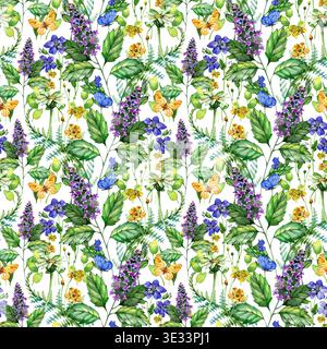 Dense, fantaisiste motif sans couture de fleurs sauvages à l'aquarelle et de papillons sur un fond blanc. Cette conception botanique complexe offre un charme Banque D'Images