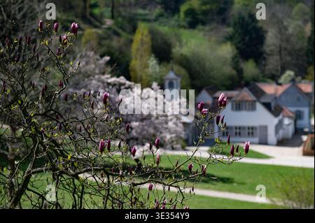 Blick über das historische Gebäudeensemble im Staatspark Fürstenlager in Bensheim-Auerbach, eingebettet in die frühlingshafte Landschaft der Bergstraß Banque D'Images