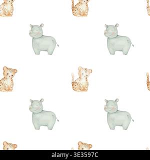 Motif aquarelle enfantine sans couture avec léopard et rhinocéros animal de la jungle. Motif mignon, animal sauvage, safari africain Banque D'Images