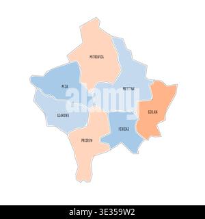 Carte politique du Kosovo des divisions administratives - districts. Carte colorée de style doodle dessinée à la main avec des bordures de contour noir et des étiquettes de nom. Illustration de Vecteur