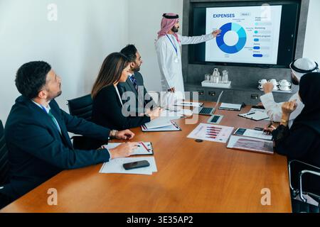 Réunion de l'équipe d'affaires internationales, avec un cadre arabe dirigeant une présentation sur les dépenses financières à l'aide d'un écran numérique, encourageant c Banque D'Images