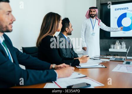 Les membres de l'équipe multiethnique participent activement à une réunion d'affaires à dubaï, en se concentrant sur la présentation d'un tableau de dépenses par un EXE arabe Banque D'Images