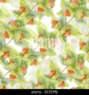 Motif aquarelle d'automne sans couture avec des noisettes et des feuilles vertes. Conception Botanical Woodland automne pour textile, papier d'emballage. Banque D'Images