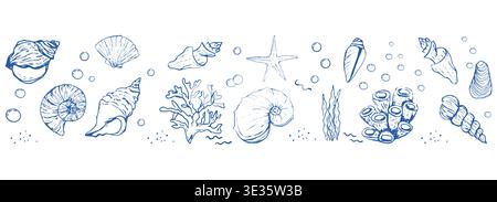 Coquillages bleus et étoiles de mer dessinés à la main esquisse sans couture motif horizontal côtier. Éléments de conception de vacances d'été pour les impressions à la mode, . Illustration vectorielle Illustration de Vecteur
